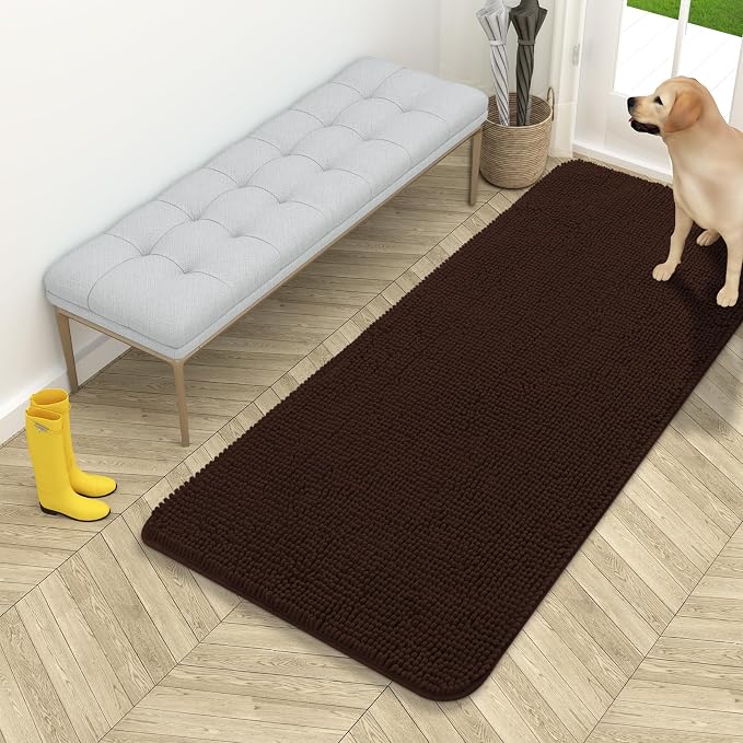 OLANLY Dog Door Mat for Muddy Paws 54x24, Absorbs Moisture and Dirt, Absorbent Non-Slip Washable Doormat, Quick Dry Chenille Mud Mat for Dogs, Entry Indoor Entryway Carpet for Inside Floor, Brown by OLANLY