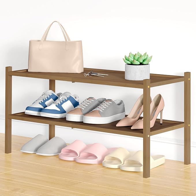 Smiry Bamboo Shoe Rack, 2 Tier Shoe Organizer for Entryway & Closet, Stackable Free Standing Storage Shelf for Shoes, Bags & Plants, Walnut by Smiry