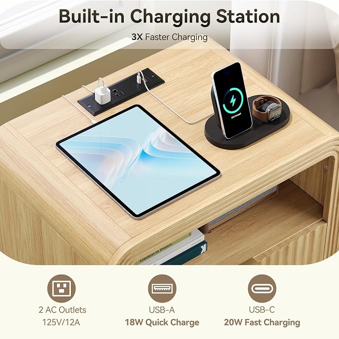 Decofy Fluted Nightstand with Charging Station, 19.7'' Wide Morden End Table with USB/Type-C Ports, 2 Drawers & Open Shelf, Curved Profile Design, Wood Bedside Table for Bedroom (Natural Oak) - Image 3