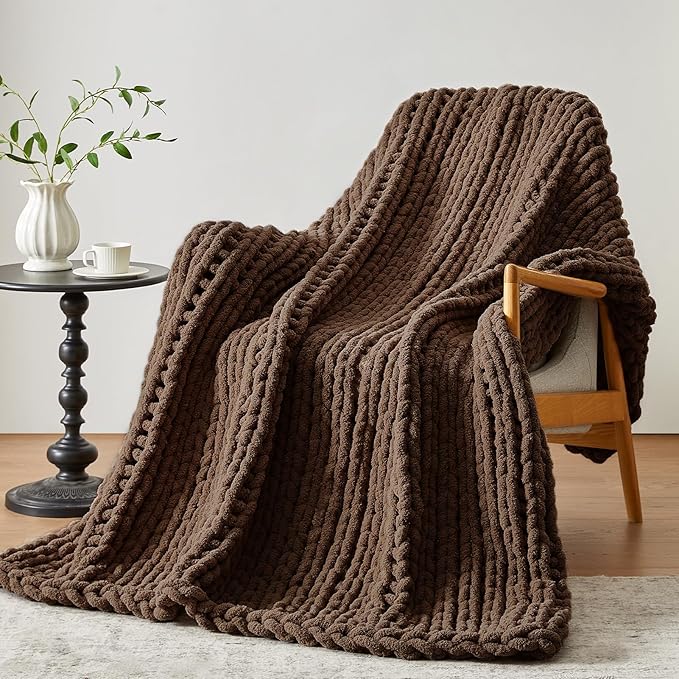 Negwoo Chunky Knit Throw Blanket, 40''*50'' Knitted Throw Chenille Yarn for Bed Couch, Handmade Dark Brown Crochet Big Thick Blanket, Machine Washable Cute Comfy Blanket for Home Decor