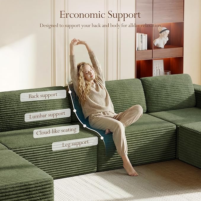 Vesgantti 159" Large Modular Sectional Sofa, U-Shaped Corduroy Cloud Couch with Deep Seats & Spring Support, 4-Seater Boneless Sofa with 2 Movable Ottomans, No Assembly Needed, Green