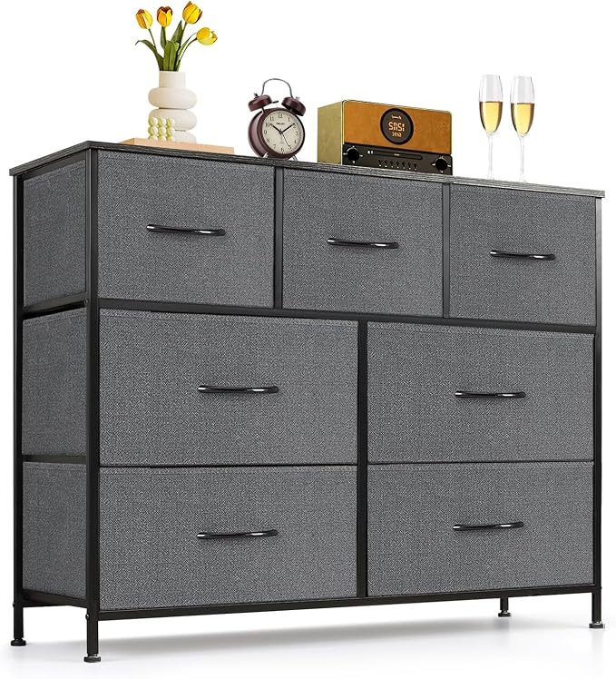 7-Drawer Dresser for Bedroom, Anti-Tip Wide Storage Organizer Fabric Chest of Drawers TV Stand for 45" TV with Wooden Top and Metal Frame for Closet, Living Room, Hallway, Entryway, Gray by SageNest