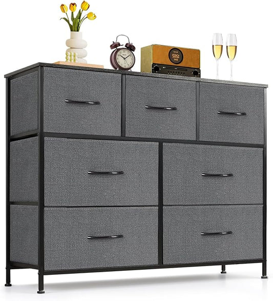 7-Drawer Dresser for Bedroom, Anti-Tip Wide Storage Organizer Fabric Chest of Drawers TV Stand for 45" TV with Wooden Top and Metal Frame for Closet, Living Room, Hallway, Entryway, Gray by SageNest