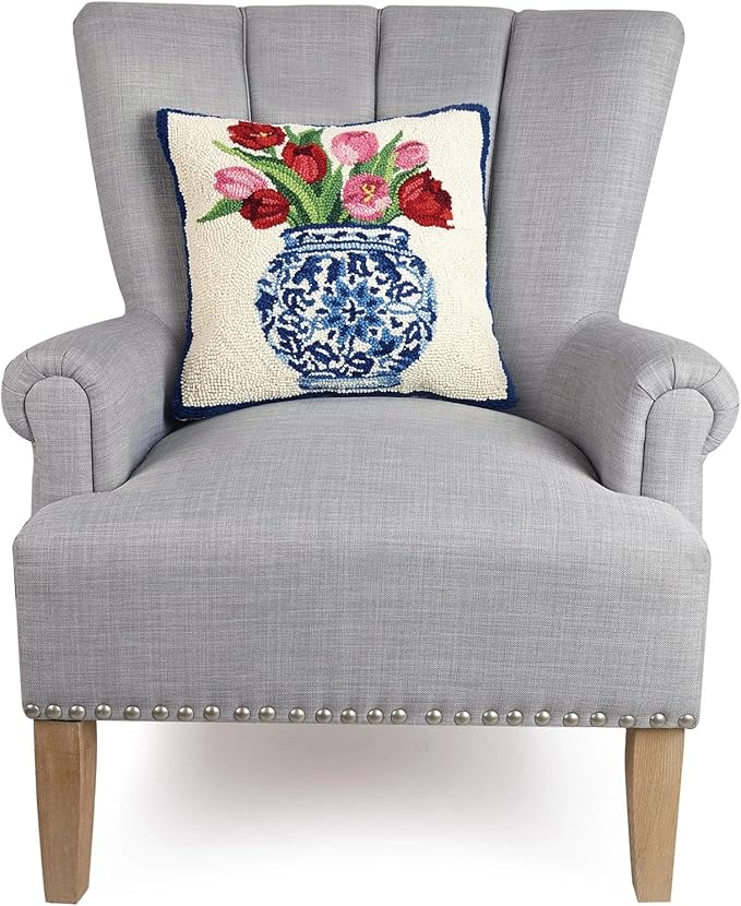 Peking Handicraft 30SER515AC16SQ Chinoiserie Vase Tulips Hook Pillow, 100% polyester fiber
