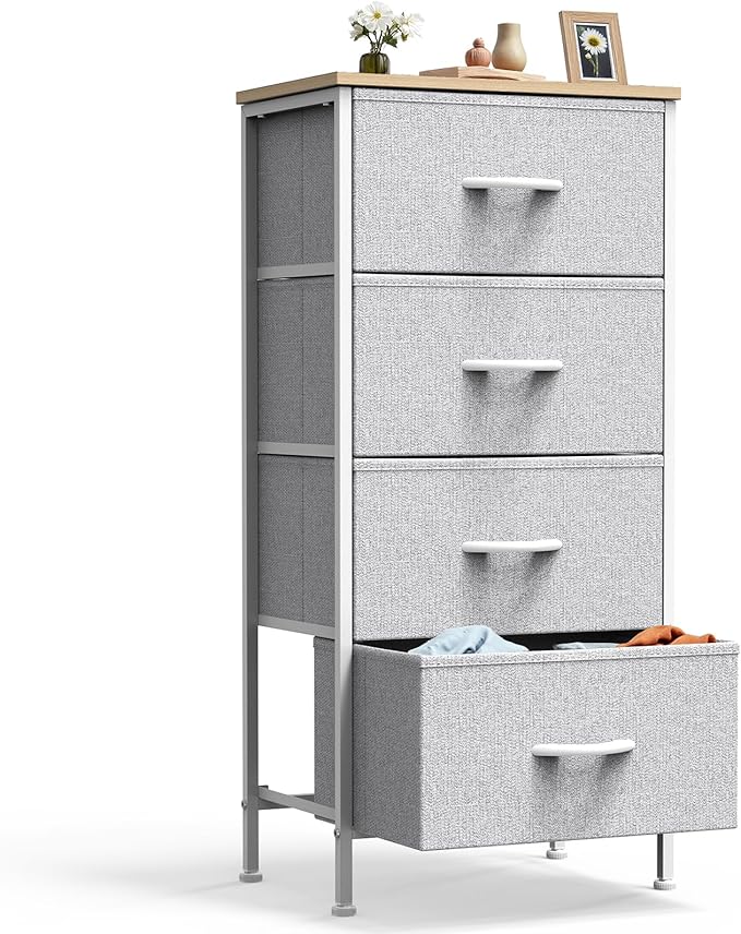 DUMOS Nightstand with 4 Drawers Bedside Table with Removable Fabric Bins Sturdy Steel Frame Wood Top Organizer Furniture for Bedroom Closet Living Room,Light Gray by DumosLifestyle