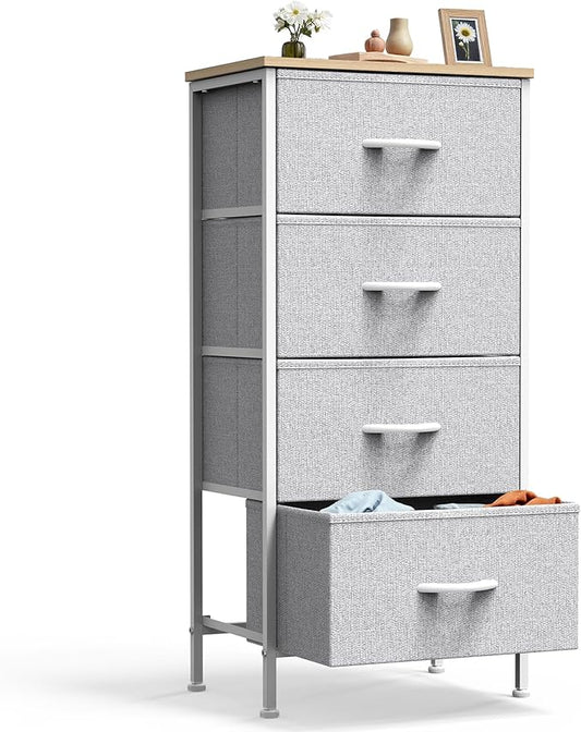 DUMOS Nightstand with 4 Drawers Bedside Table with Removable Fabric Bins Sturdy Steel Frame Wood Top Organizer Furniture for Bedroom Closet Living Room,Light Gray by DumosLifestyle