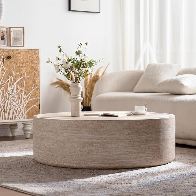 Round Coffee Table in Faux Marble, 39.37" W × 12" H Stone Coffee Tables for Living Room, Modern Drum Center MDF Vintage Design Low, Office, Apartment No Assembly Required Beige Mars