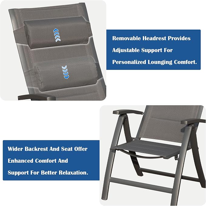 Domi Patio Folding Chairs Set of 2, Outdoor Reclining Chairs Set with Moveable Headrest, Aluminum Frame Outdoor Portable Chairs with Adjustable High Backrest and Padded Textilene Fabric Seat - Image 9