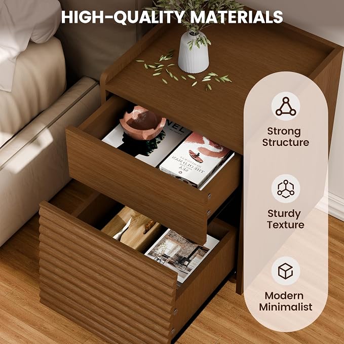 Wooden Night Stand with LED Light, Modern Mid-Century Side Table, 2-Drawer Bedside End Table with Solid Wood Legs for Bedroom, Dorm and Small Spaces, Walnut - Image 4