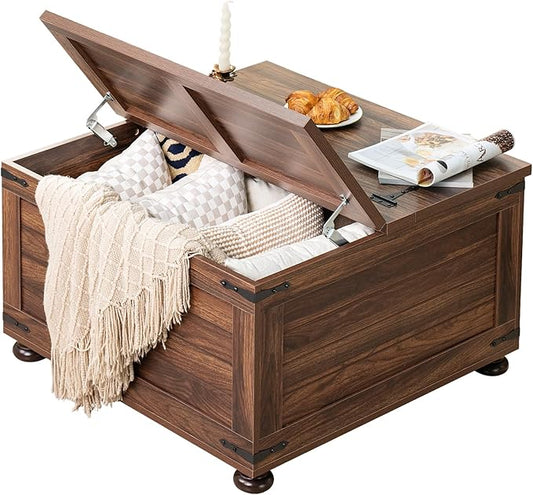 Farmhouse Coffee Table with Hidden Storage,Large Square Center Table for Living Room,Retro Cocktail Tables with Flip-Top Lids, Farm House Tables with Wooden Gourd Feet for Home,Brown Walnut