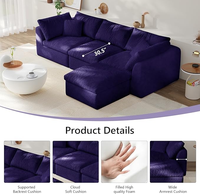 108" Modular Sectional Sofa Boneless Cloud Couch for Living Room, L Shape Deep Seat Recliner Sofa with Ottoman, Adjustable Backrest & 2 Throw Pillows - Covers Washable, (Purple, 3 Seater+1 Ottoman)
