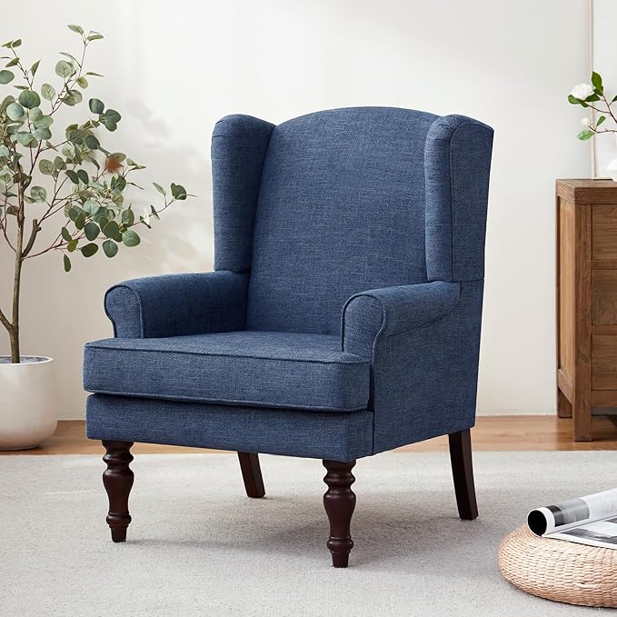 HUIMO Printed Wingback Accent Chair, Linen Upholstered High Back Armchair, Comfy Reading Chair for Living Room Bedroom Study, 300lbs Weight Capacity (1, Navy Blue)