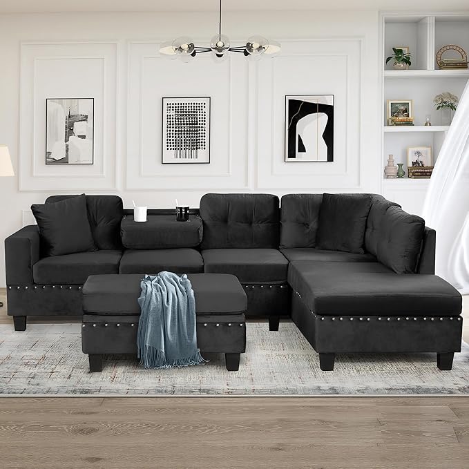 Ball & Cast L-Shape Sectional Couch with Storage Ottoman,105" Couches for Living Room W/ 2 Pillows & Cup Holders,6 Seat Velvet Sleeper Sofa W/Reversible Chaise,Comfy Couches for Apartment,Black