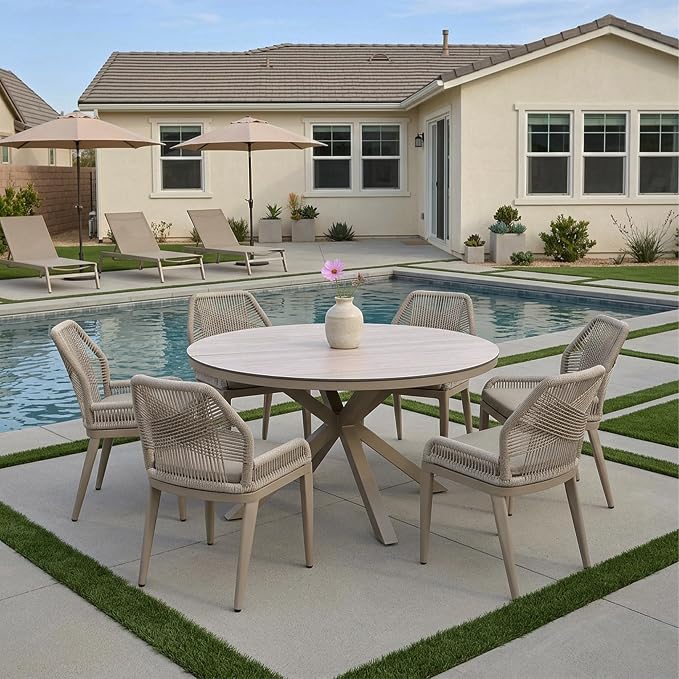 PURPLE LEAF 7 Pieces Round Dining Set Patio Aluminum Modern Round Table and Wicker Chairs with Cushions for Kitchen Backyard Garden Outdoor Furniture Sets, Champagne by PURPLELEAF
