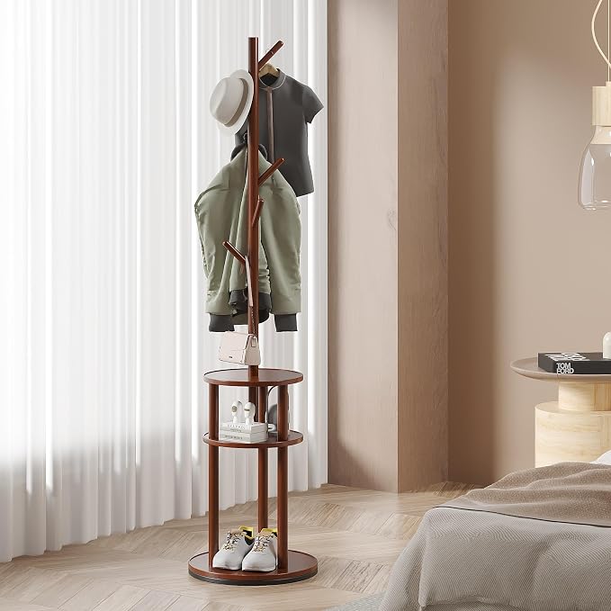 VECELO Coat Rack Freestanding, Entryway Hanger Stand, Umbrella Holder, Hall Tree With Hooks, Floor Standing Metal Tree Stand,Walnut by VECELO