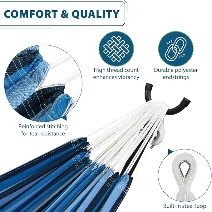 Vivere Double Cotton Hammock with Space Saving Steel Stand, Upgraded Polyester End Strings 450 lb Capacity - Premium Carry Bag Included - USA Grown Cotton (Blue Lagoon) - Image 2