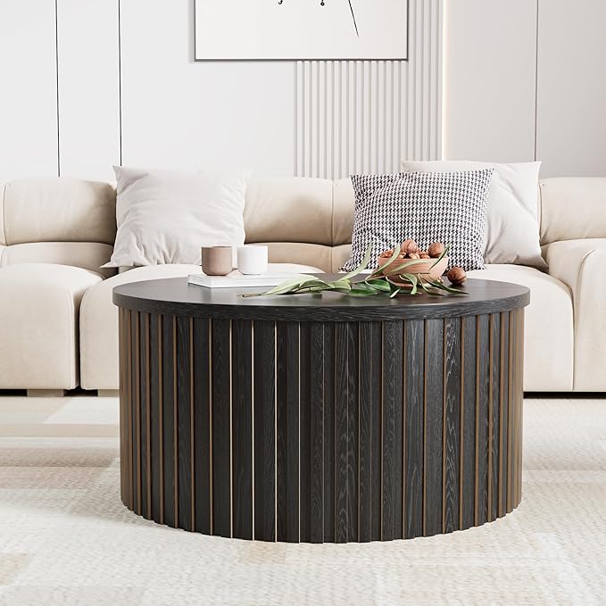 Fluted Lift Top Coffee Table with Storage, 31.5'' Farmhouse Round Coffee Tables for Living Room, Modern Wood Center Tables with Hidden Compartment for Home, Office (Black)