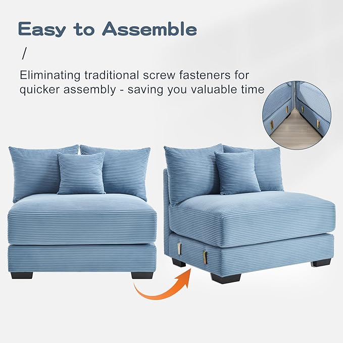KEIKI 130" U-Shaped Oversized Corduroy Modular Cloud Sectional Sofa with 2 Ottoman, High-Density Foam Cushion, Extra-Thick Armrest, 3-Seater Fluffy Corner Couch with 9 Pillow, for Living Room, Blue