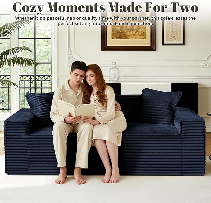 75" Cloud Loveseat Sofa, 26" Deep Seat Boneless Couches for Living Room, Modern 3 Seater Sofa with Throw Pillows, Corduroy Compression Sofa in Box, No Assembly Couch for Bedroom, Dorm, Dark Blue