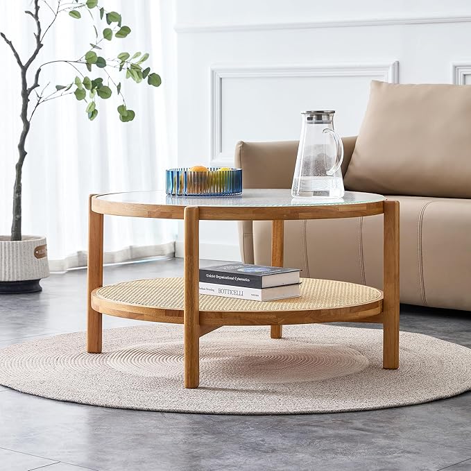 Mid Century Modern Coffee Table with Glass Top and PE Rattan Storage Shelf, 2-Tier 35 Inch Solid Wood Round Boho Coffe Table, Unique Center Table for Livinig Room Apartment Small Space