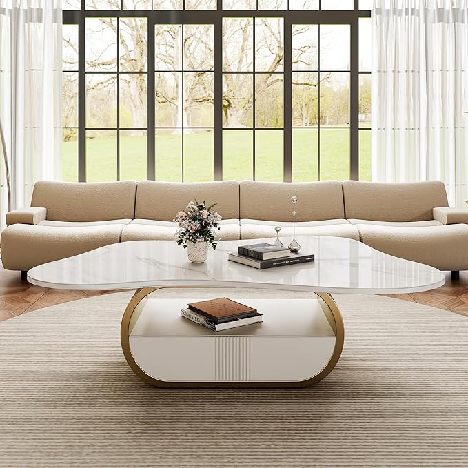 41.7 Inch Marble Coffee Table with Storage Drawer, Modern Butterfly Design, Sintered Stone Top and Gold Stainless Steel Base for Living Room, Scratch Resistant and Easy Assembly