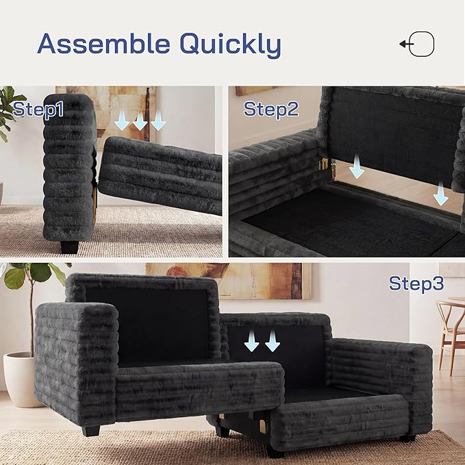 Plush Corduroy Loveseat Sofa, Fluffy Love Seat Sectional Couch, Oversized Deep Seat Sofa with 2 Pillows, Apartment and Small Space Sofas, Dark Grey