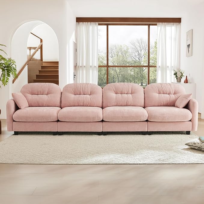 KEIKI 140" Oversized Chenille Modular Sectional Sofa with High-Density Foam Cushion and Tufted Pleated Cushion Backrest, Upholstered Modern 4-Seater Cloud Couch with 2 Pillow, for Living Room, Pink