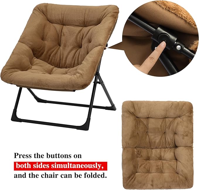 Comfy Saucer Chair for Adults, Soft Faux Fur Bedroom Chair with Ottoman, Accent Dorm Chairs, Living Room Reading Chairs and Footstool, Folding Seat for Teens, X-Large, Brown