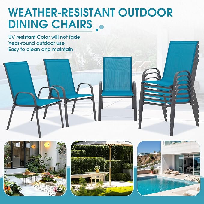 Outdoor Stackable Chairs Set of 8, Stacking Patio Chairs with Textilene Fabric, Outside Furniture for Garden Backyard Balconie Poolside Deck, Blue - Image 7