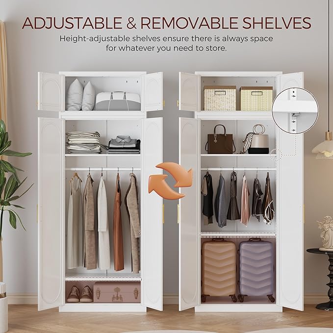 Metal Armoire Wardrobe Closet with Doors, 86" Tall Wardrobe Cabinet with Hanging Rod and Adjustable Shelves, White Clothing Storage Cabinets for Bedroom, Home Office