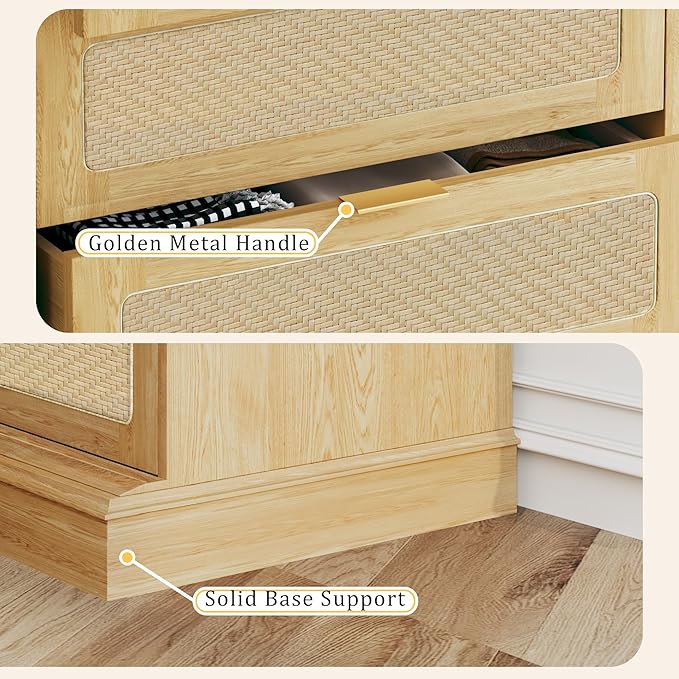 HUAHUU 9 Drawer Dresser for Bedroom, 60 Inch Long Dressers & Rattan Chest of Drawers, Large TV Stand for 55, 65, 70 Inch TV, Boho Style, Modern Dresser for, Living Room, Entryway, Bedroom, Natural Oak - Image 6