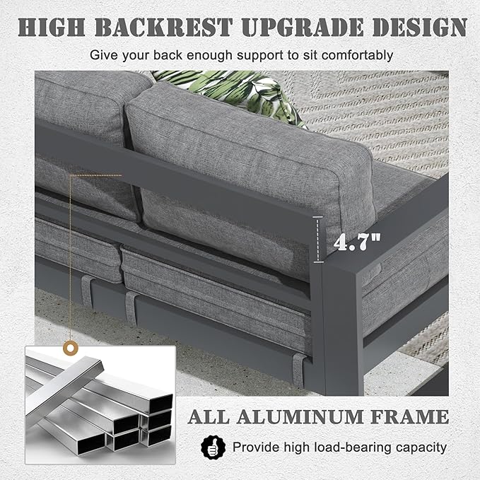Outdoor Aluminum Furniture Set with Fire Pit Table - 4 Pieces Modern Patio Conversation Sets Metal Sectional Sofa Set