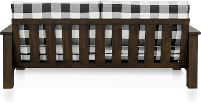 Furniture of America Gavik Modern Solid Wood Sofa with Plaid Removable Cushions, Black and White Upholstery Fabric, Wooden Comfortable Couch, Upholstered Seating for Living Room, Dark Walnut