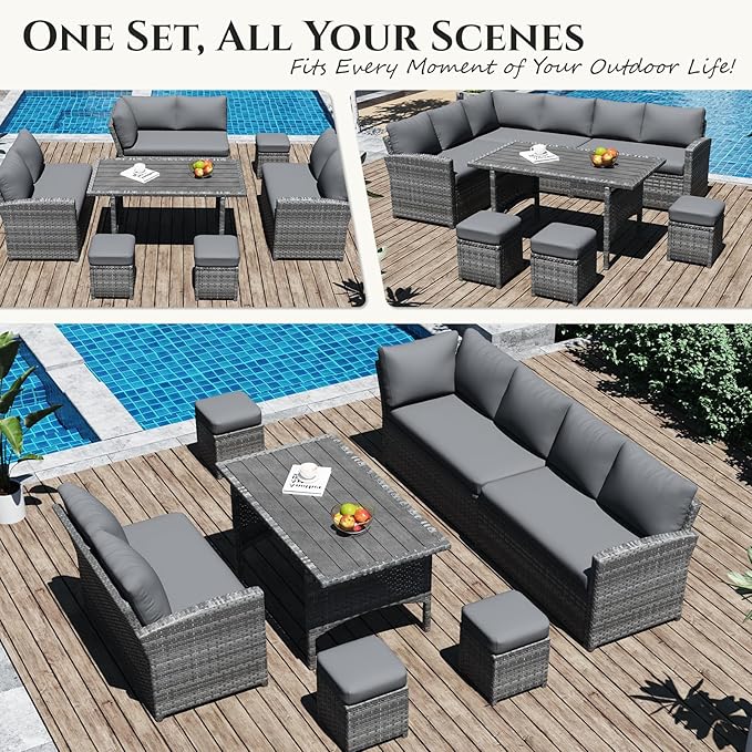U-MAX 7 Pieces Patio Furniture Set with 43" Fire Pit Table, Outdoor Sectional Sofa Conversation Set, All Weather Wicker Rattan Dining Table & Chair with Ottoman, Grey Rattan&Grey Cushion