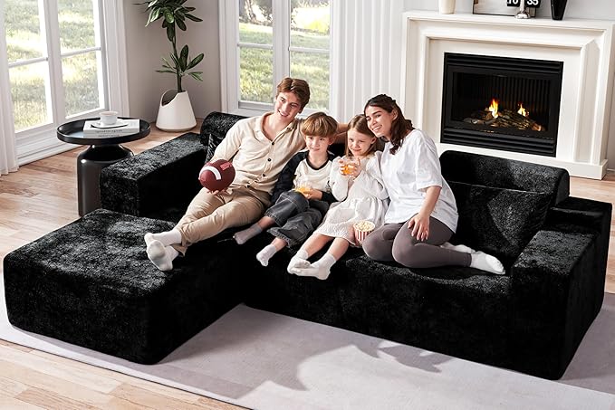 Homguava Modular Sectional Couches for Living Room,105" Cloud Couch with L-Shape Chaise,Comfy Sofa Living Room Couch with Deep Seat,No Assembly L Couch,Luxury Distressed Velvet(Black,L)