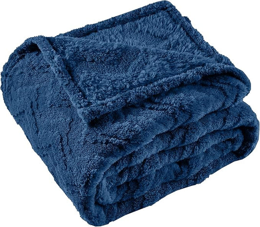 3 Layer Jacquard Throw Blanket - 50x70 Inch Soft Fleece with Wave Pattern, Navy Plush Cozy Blanket for Sofa, Couch, Bed & Chair, All Season Decorative Blanket for Living Room & Bedroom