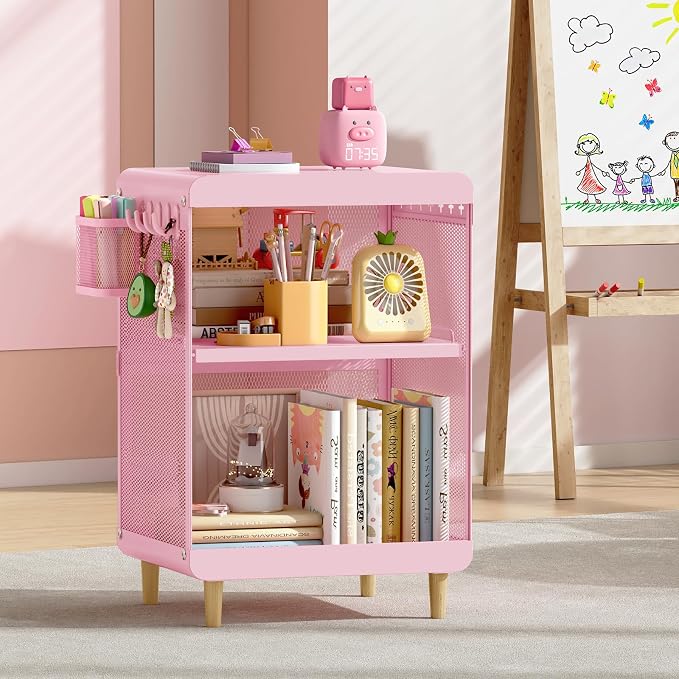 SYKIARIOL Kids Nightstand for Girls, Metal Bedside Table with 4 Hooks & Hanging Basket, 3-Tier Storage Shelf, Toddler Night Stand for Bedroom, Pink - Image 8