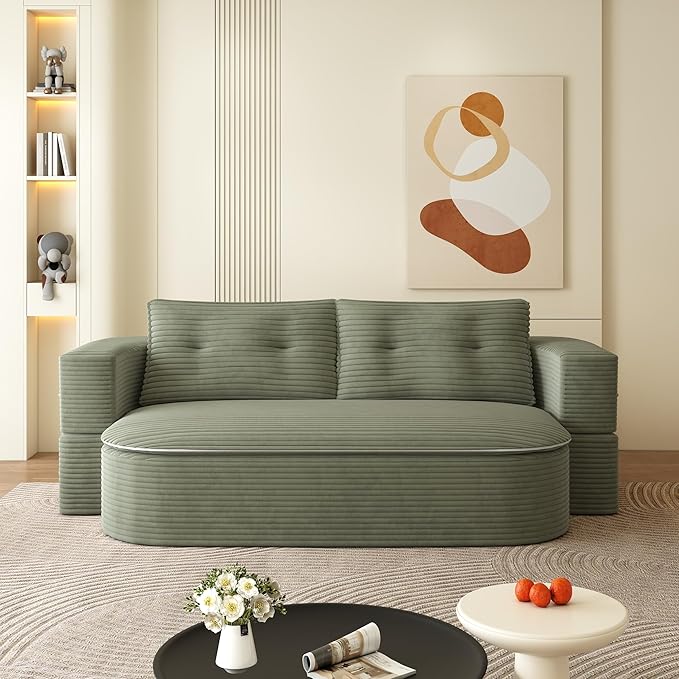 78.7" Convertible Sofa Bed, 2-in-1 Folding Floor Couch with 2 Pillows and Blanket, Plush Corduroy Fabric Sleeper Sofa for Living Room and Bedroom, No Assembly Required (Green)