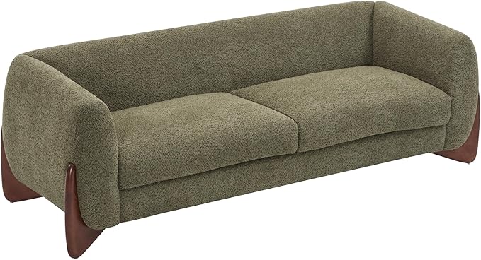 Merax 82 Inch Boucle Sherpa Sofa, Chenille Loveseat with Removable Cushions & Wood Legs, Modern Plush 3-Seater Couch for Living Room, Olive Green