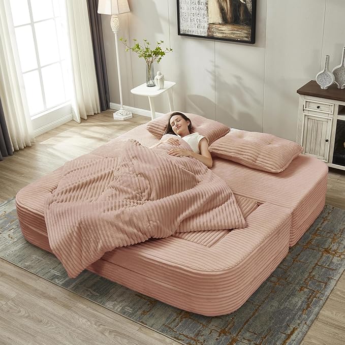 80" Convertible Sectional Sofa Bed, 3-in-1 Folding Floor Couch with Convertible Chaise Lounge, Plush Corduroy Sleeper Sofa for Living Room and Bedroom, No Assembly Required (Dusty Pink)