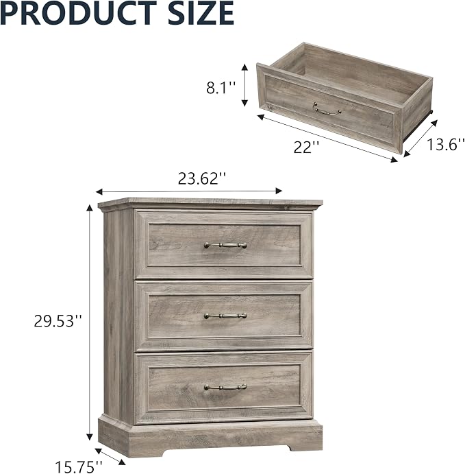 Nightstand with 3 Large Drawers,24" Wide End Table with Metal Handles,Rustic Farmhouse Wood Small Dresser,Bedside Table,Modern Chest of Drawers for Bedroom,Living Room,Grey - Image 2