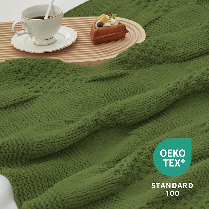 Amélie Home Knit Throw Blanket, Soft Chenille Cozy Breathable Checkered Chunky Decorative Blanket for Couch, Bed & Sofa, French-Inspired Lightweight Warm Gift for Women, Olive Green, 50"x60"