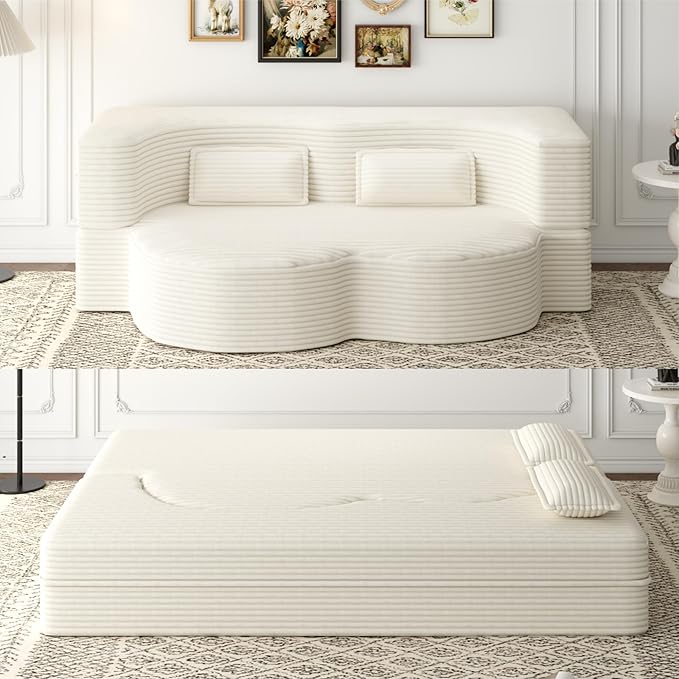 KEIKI Corduroy Floor Sofa Convertible Couch, 15" Full Size Foam Folding Mattress Sleeping Sofa, Lounge Floor Couch Hidabed Sleeper Bed with 2 Pillows, Beige