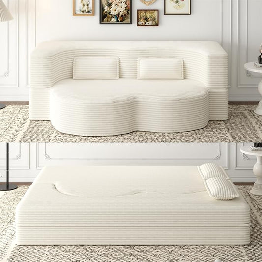 KEIKI Corduroy Floor Sofa Convertible Couch, 15" Full Size Foam Folding Mattress Sleeping Sofa, Lounge Floor Couch Hidabed Sleeper Bed with 2 Pillows, Beige