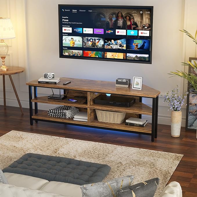 Unikito 55'' Corner TV Stand with Power Outlet, Corner Entertainment Center TV Console Table with 4 Open Storage Shelves, Metal Frame for Living Room, Bedroom, Industrial 60'' Corner TV Stand, Rustic - Image 7