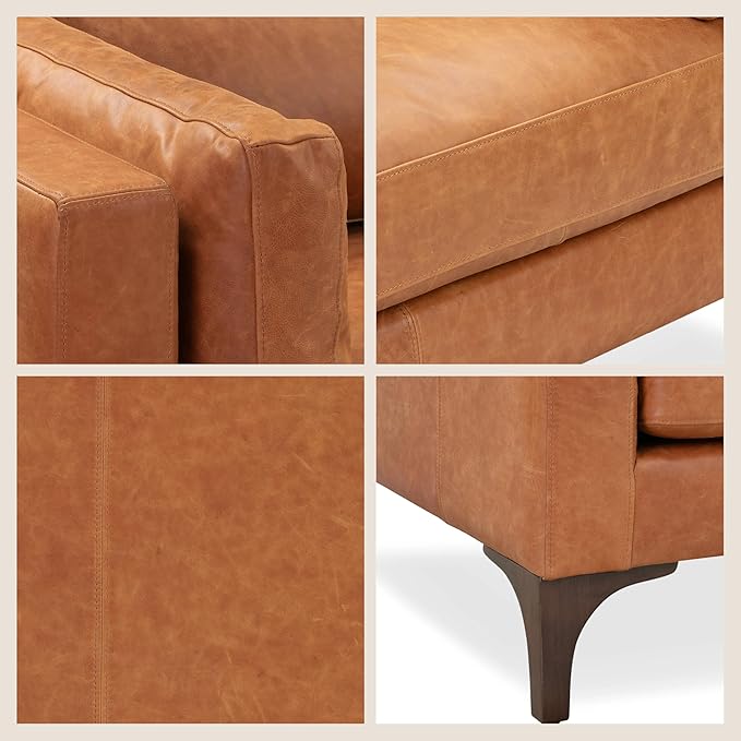 POLY & BARK Argan 93” Leather Sofa – Full-Grain Italian Aniline Leather, Feather-Down Comfort, Solid Wood Frame – Cognac Tan