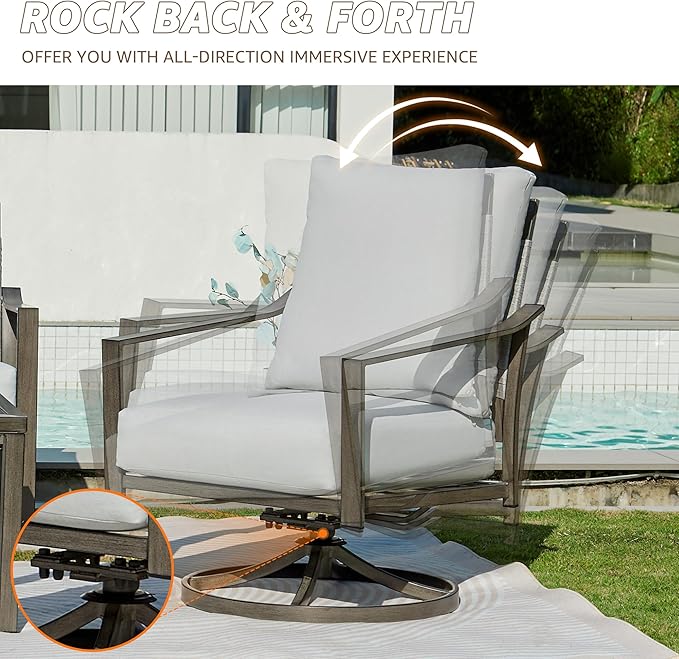 NATURAL EXPRESSIONS Patio Furniture Set,4 Piece Outdoor Conversation Metal Swivel Rocking Chairs Set with Hand-Woven Rope High Back,Sturdy Hand Brushed Wood Grain Finish Frame,6" Cushions for Yard