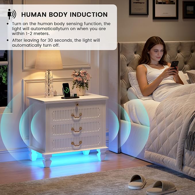 25.6'' Wide Bedside Table with 3 Drawers & Pull-out Tray, Smart Night Stand with Outlet & Charger Station, Large Nightstand with 3-color LED Lights, Farmhouse Solid Wood Leg for Bedroom, Antique White - Image 4