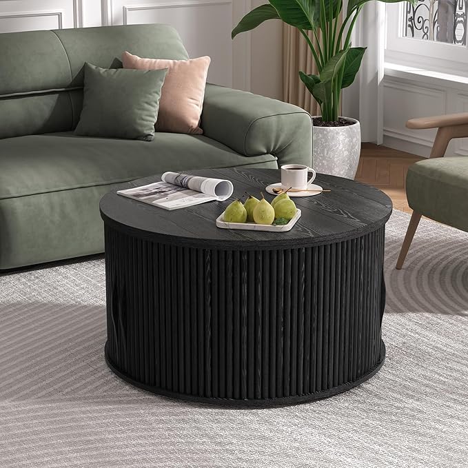 SULIVES Round Coffee Table with Lifting Top, Multifunctional Lift Top Drum Coffee Table with Sliding Door, Small Fluted Center Table for Living Room,Black