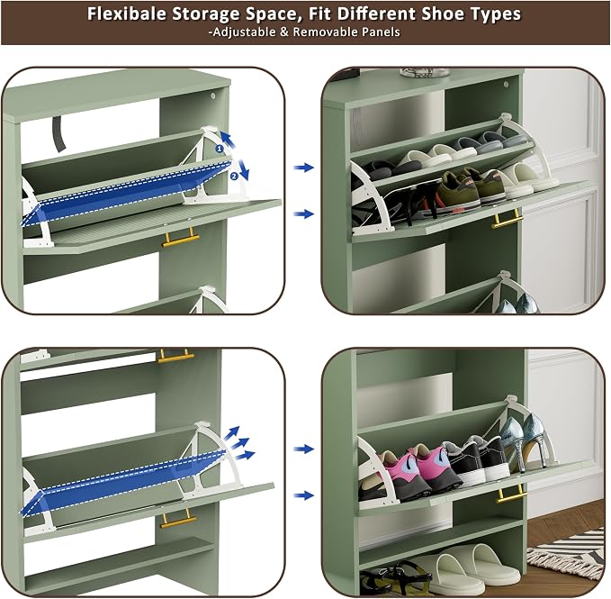 Shoe Cabinet Storage, Hidden Shoe Organizer, Modern Freestanding Organizer with 2 Flip Drawers Louvered Shoe Cabinet for Entryway (Green, 2 Drawers) - Image 4